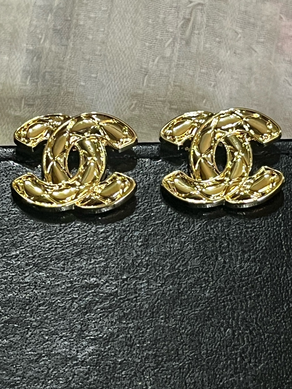 Double C Designer Gold Tone Quilted Look Stud Earrings